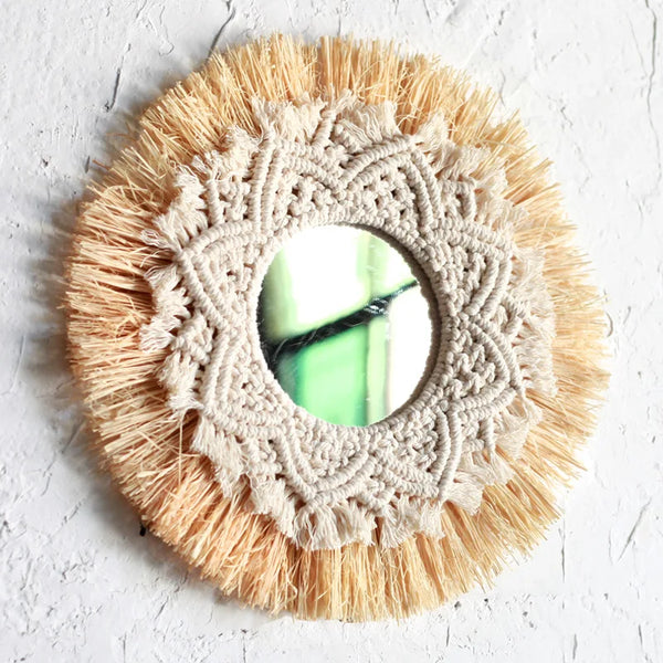 Miroir Boho en Macramé et Paille Tissée pour Décoration Murale