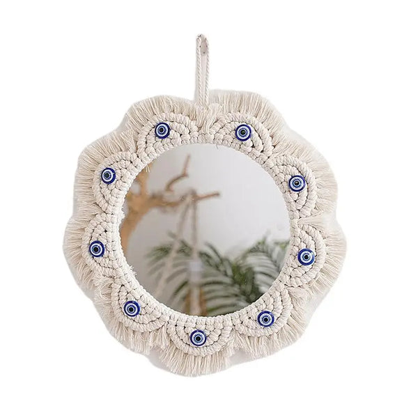 Miroir Boho Rond en Macramé avec Franges Tissé à la Main