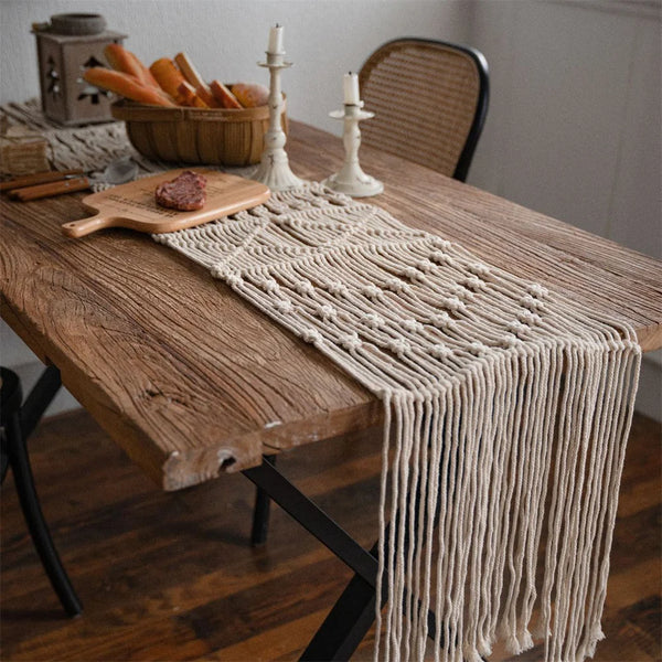 Chemin de Table Boho Macramé Tissé à Main avec Franges