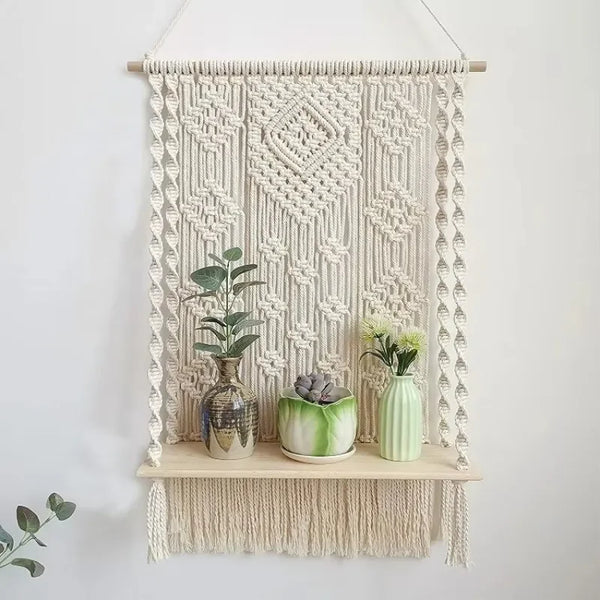 Étagère Murale en Macramé Bohème - Décoration Suspendue pour Plantes et Rangement à la Maison